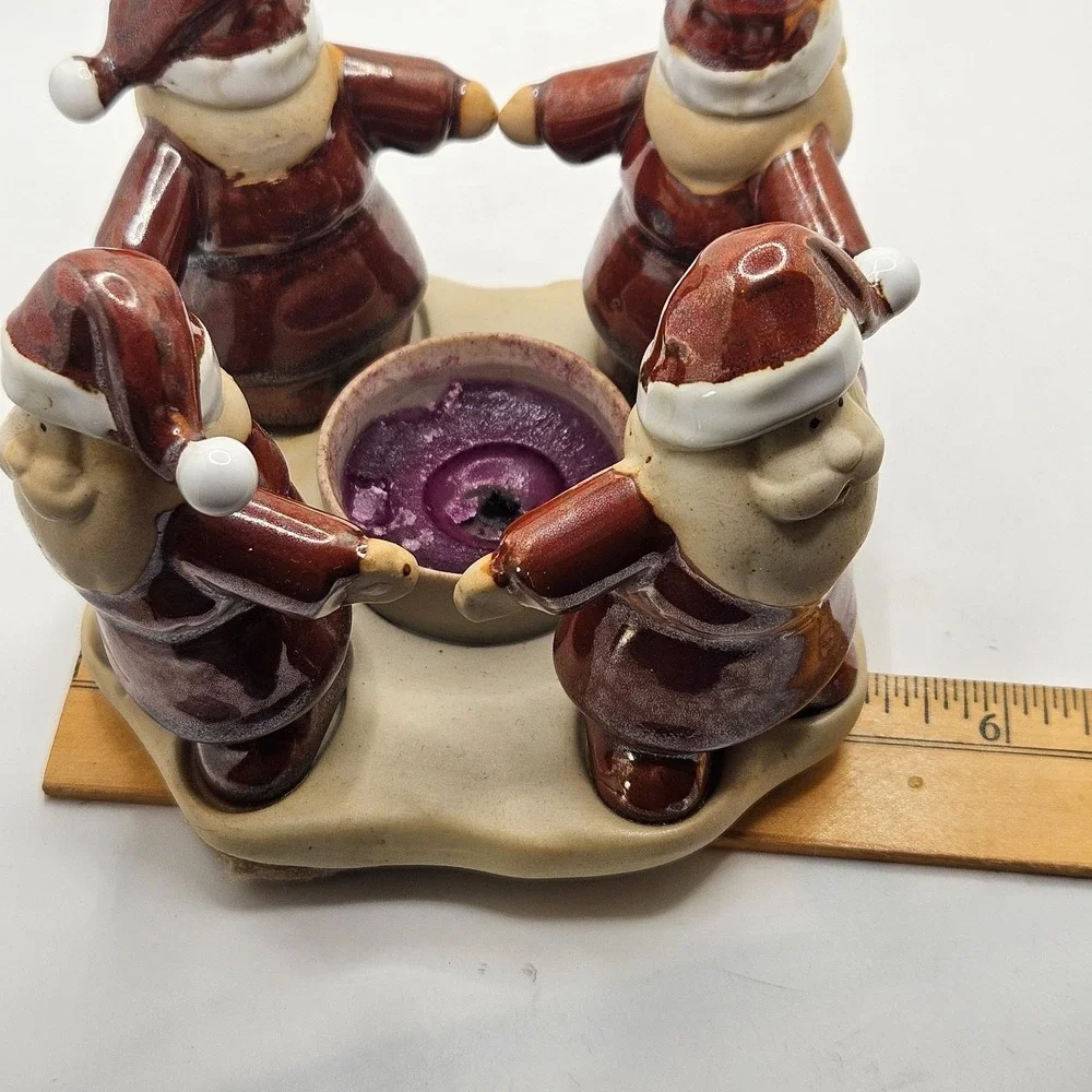 Vintage Santa Tea Light Holder Ceramic 4 Dancing Santas Christmas Decor w/ Box